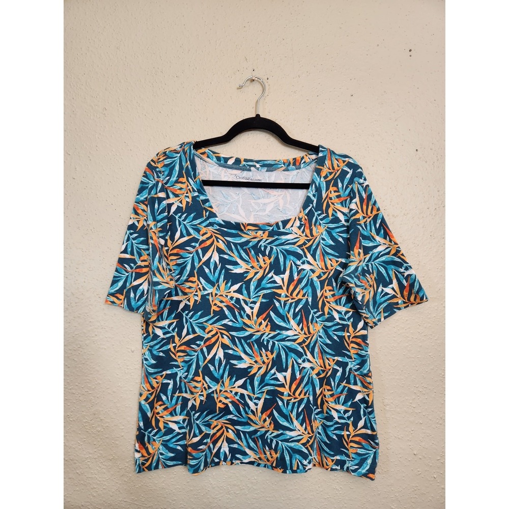 Croft & Barrow Womens XL Teal Blue Tropical Leaf Square Neck Short Sleeve Top